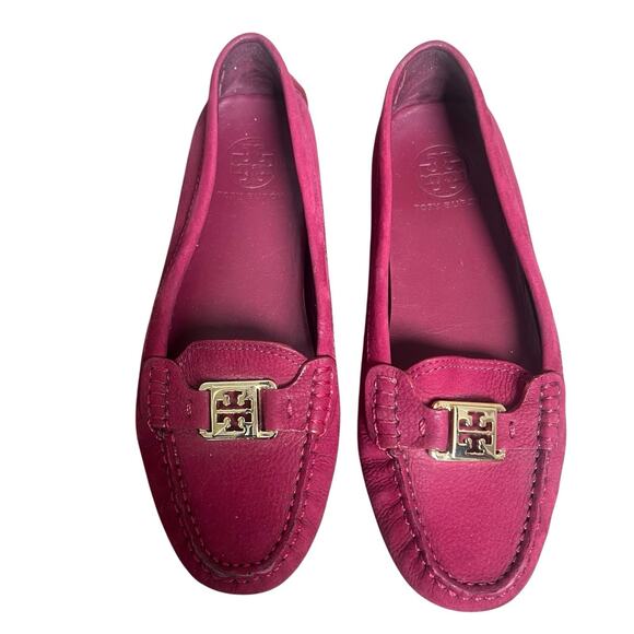 Tory Burch Cranberry Red Kendrick Driver Loafers Size 7 .5 Flats Leather - Picture 2 of 11